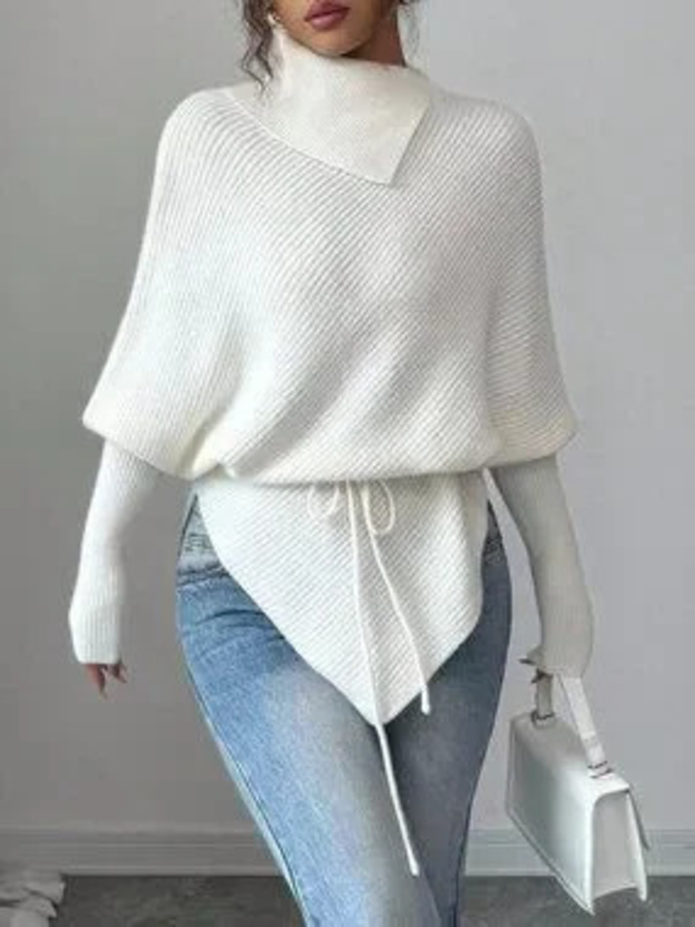 Beige Casual Women's Asymmetrical Neck Long Pullovers